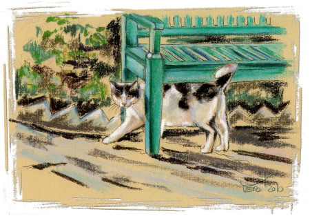 Chat au banc à Giverny, pastel de Veronika Stark