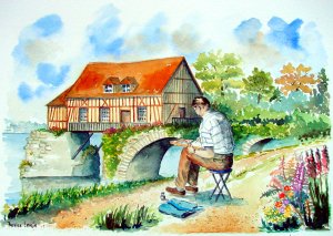 L'aquarelliste et le vieux moulin