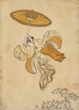 Suzuki Harunobu (vers 1725-1770) Beauté sautant dans le vide depuis le balcon du temple Kiyomizu Image de calendrier, 1765