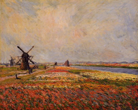 Monet, champs de fleurs et moulins à vent près de Leiden