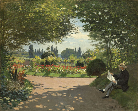 Adolphe Monet lisant dans un jardin, Claude Monet, 1867, collection particulière, huile sur toile 81x99cm